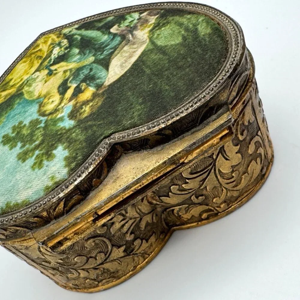 Schmid Bros Vtg Heart-Shaped Metal Trinket Box Silk Art Lid 